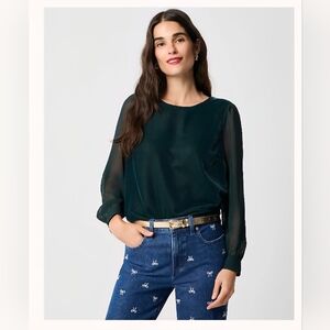 NWT J.Crew Factory Velvet Puff Sleeve Blouse Top Green Size XL Sheer Sleeve